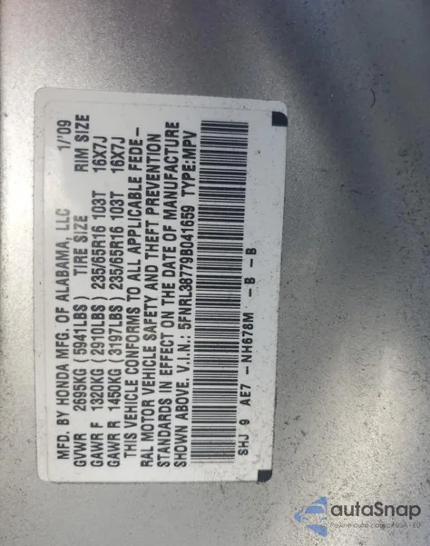 2009 Honda Odyssey Exl from USA, damaged, VIN 5FNRL38779B041659